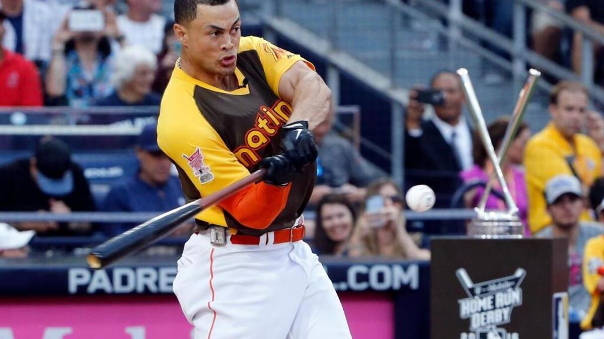 Miami Marlins outfielder Giancarlo Stanton won the Home Run Derby on July 11, 2016, in San Diego. Stanton hopes to defend his title at his home ballpark on Monday.