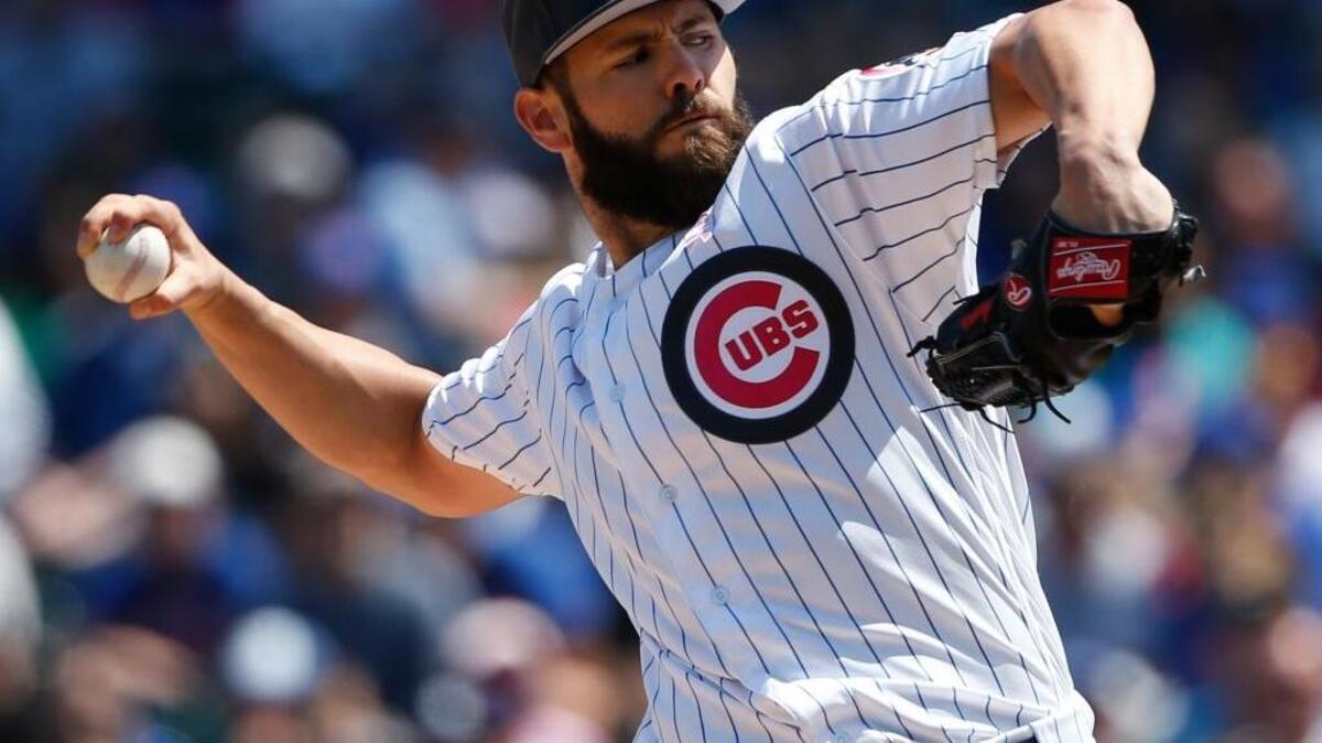 Chicago Cubs starter Jake Arrieta throws against the Washington Nationals during the first inning of a baseball game Sunday, May 8, 2016, in Chicago. Arrieta took a no-decision in Chicago’s extra-innings victory.