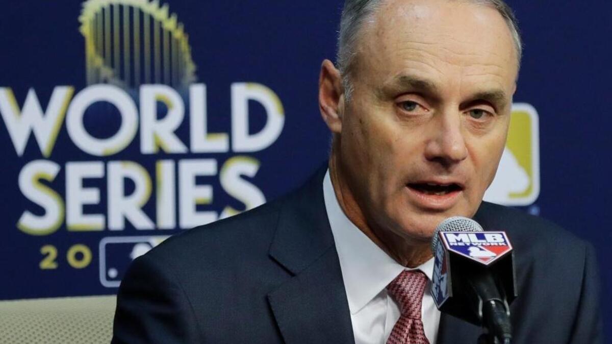 Baseball Commissioner Rob Manfred answers questions at a news conference before Game 4 of baseball’s World Series between the Houston Astros and the Los Angeles Dodgers Saturday, Oct. 28, 2017, in Houston. Manfred announced that Houston Astros infielder Yuli Gurriel will be suspended five games without pay starting in the 2018 season.