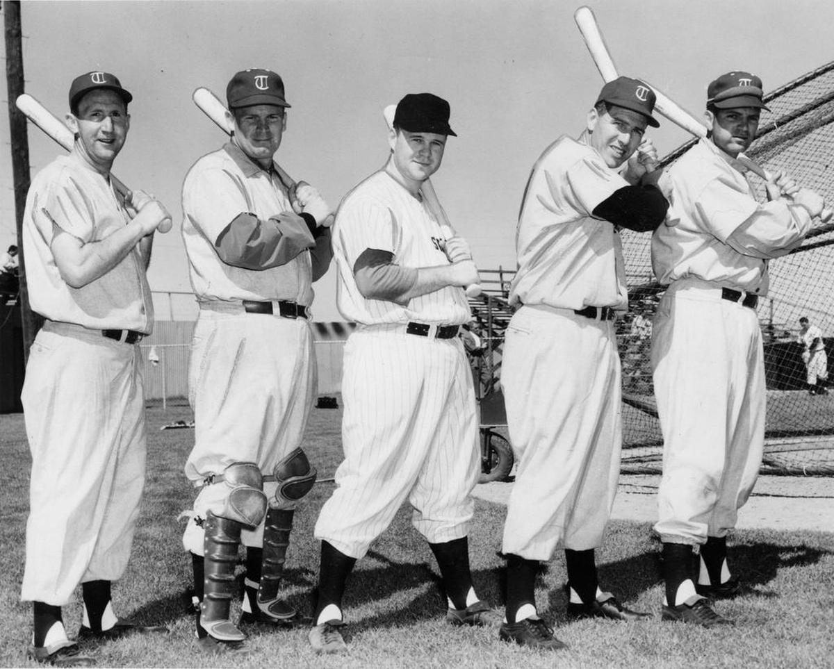 1955 Sacramento Solons spring training left-handed hitters, from left to right, Jack Tobin, Bud Sheely, Don Hunter, Pete Milne and Ronnie King.