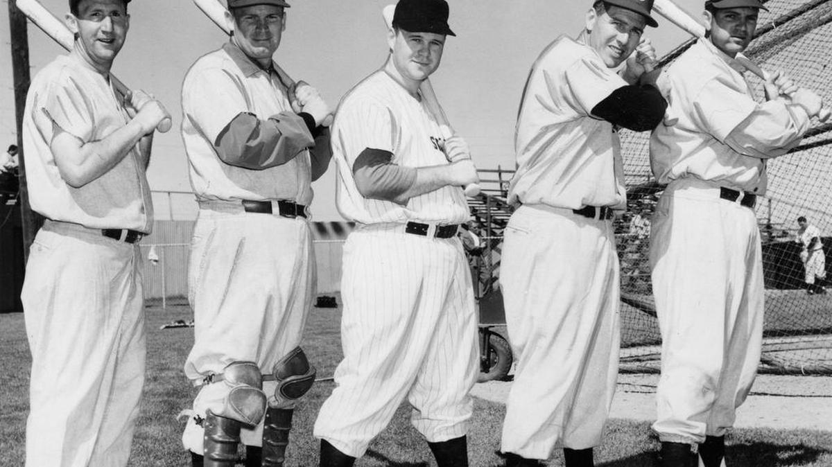 1955 Sacramento Solons spring training left-handed hitters, from left to right, Jack Tobin, Bud Sheely, Don Hunter, Pete Milnne and Ronnie King.