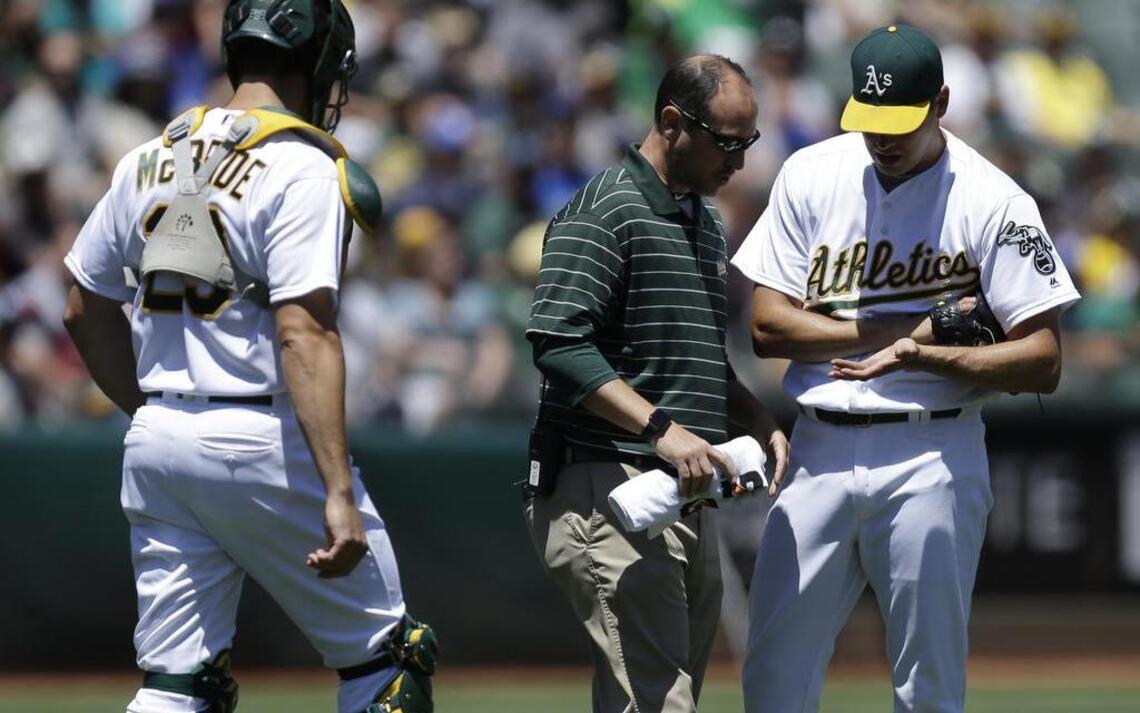 Hill exits after five pitches as A’s lose to Blue Jays 5-3