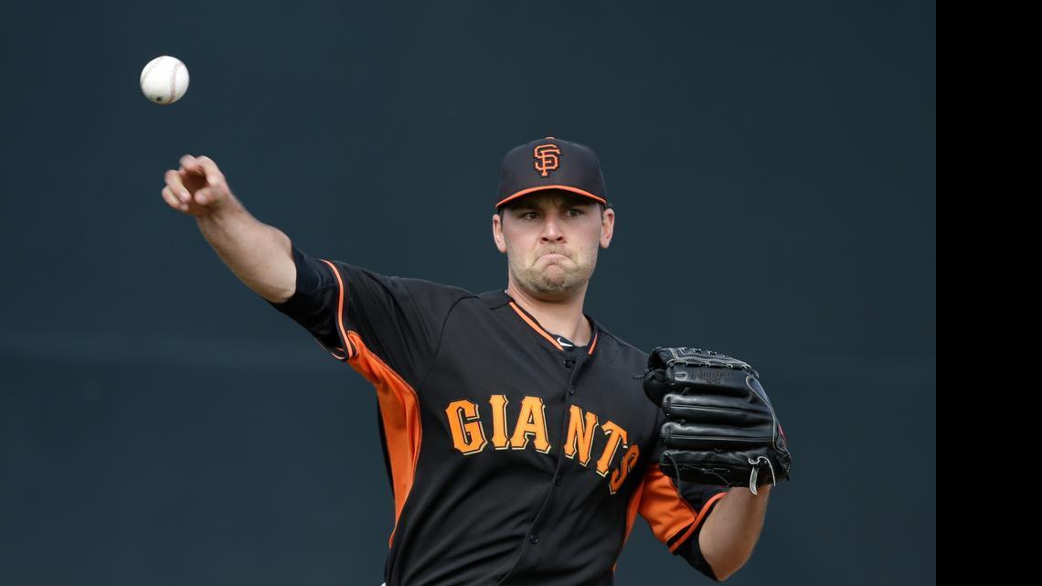
Giants’ Brett Bochy (85) in action during spring training baseball practice Feb. 19, 2015, in Scottsdale, Ariz. 
