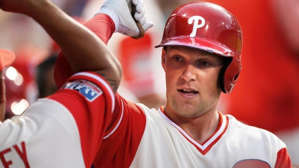 Philadelphia Phillies outfielder/first baseman Rhys Hoskins celebrates a home run against the Chicago Cubs on Aug. 25. The Sacramento native was named the National League Rookie of the Month for August.