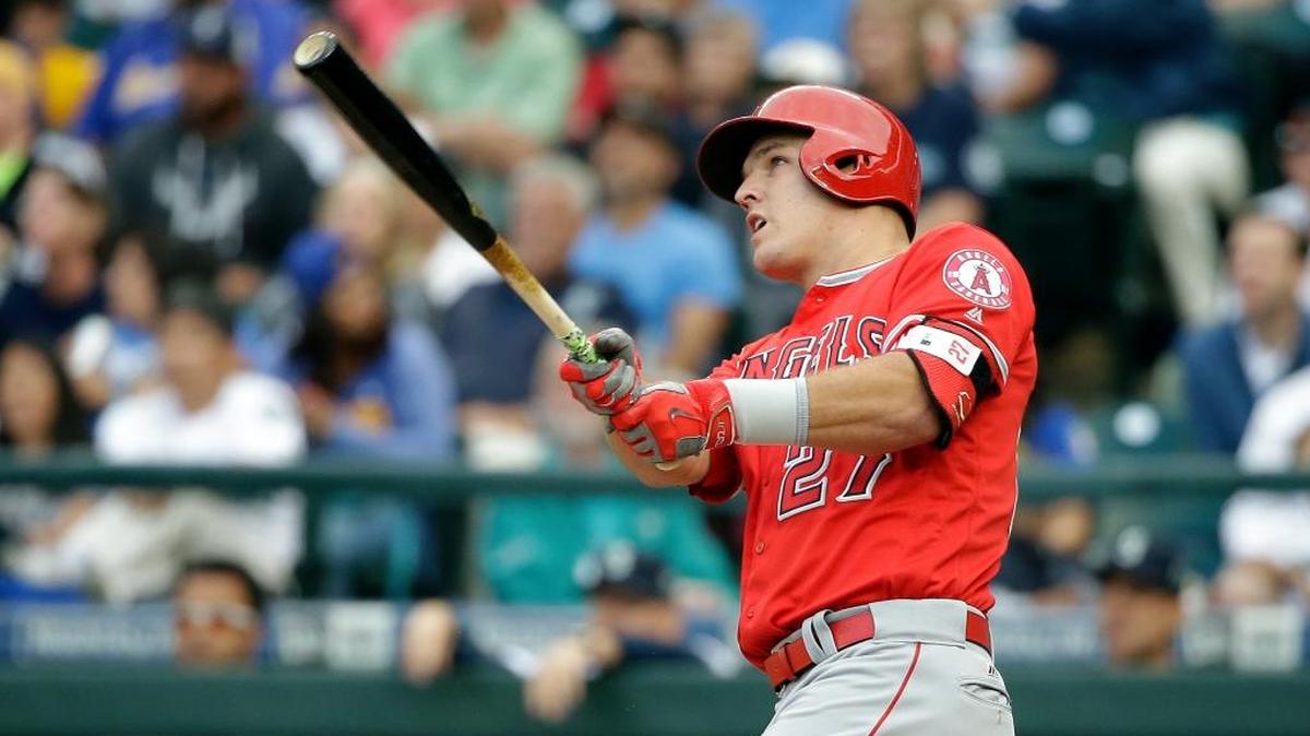 The Los Angeles Angels’ Mike Trout hits a three-run home run against the Seattle Mariners during the first inning on Aug. 6, 2016, in Seattle.