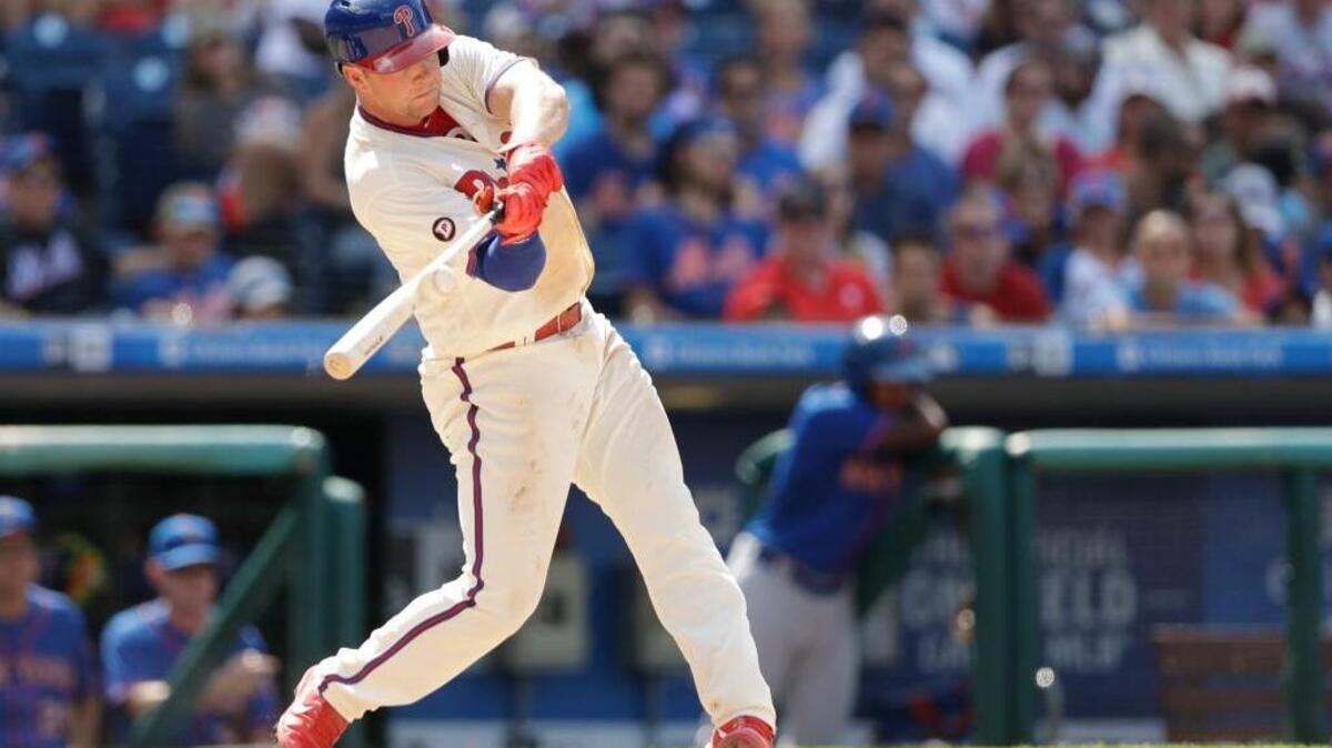 Rhys Hoskins of the Philadelphia Phillies got his first major-league hit Sunday, a single to right field in a 6-2 loss to the visiting New York Mets. The former Sacramento State slugger was called up Thursday.