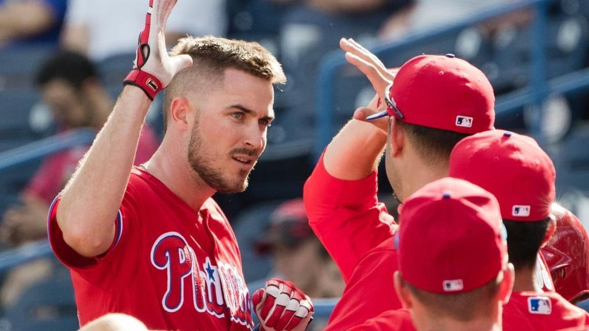 In this Feb. 24, 2017, file photo, Philadelphia Phillies' Brock Stassi celebrates with teammates after hitting a home run against the New York Yankees during a spring training baseball game in Tampa, Fla.