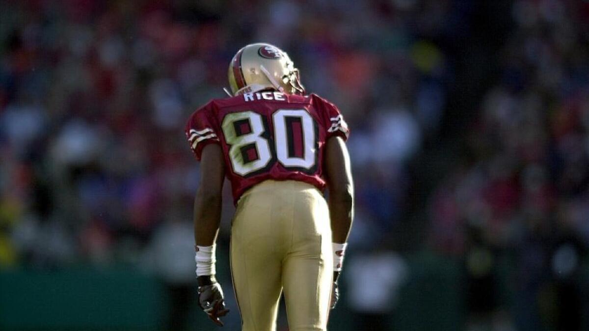 San Francisco 49ers wide receiver Jerry Rice plays against the St. Louis Rams in an NFL football game, Sunday, Oct. 29, 2000 in San Francisco.