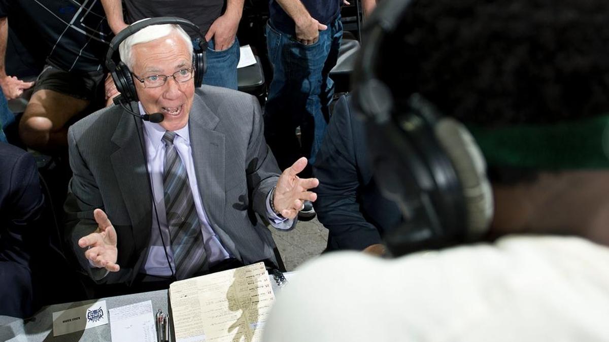 Gary Gerould, radio voice of the Kings, talks with Kings small forward John Salmons (5) after his team’s 121-110 victory against the New Orleans Hornets at Sleep Train Arena in Sacramento on April 10, 2013.