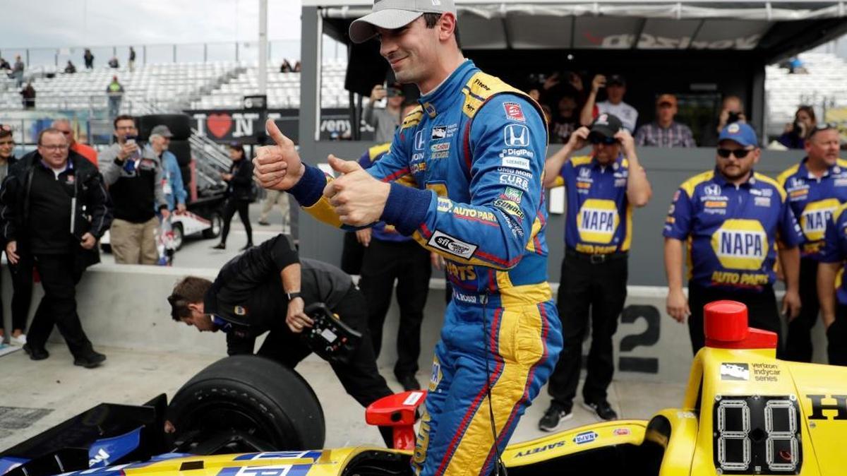 Alexander Rossi reacts after qualifying on the pole for the IndyCar Series race in Watkins Glen, N.Y. over Labor Day weekend.