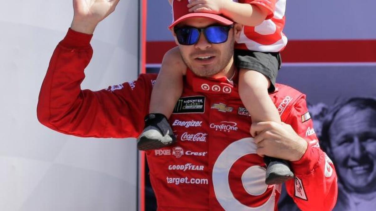 Kyle Larson, with his 2-year-old son Owen, is introduced before the 2017 Daytona 500. Larson will return to Placerville Speedway for a special World of Outlaws race on March 29.