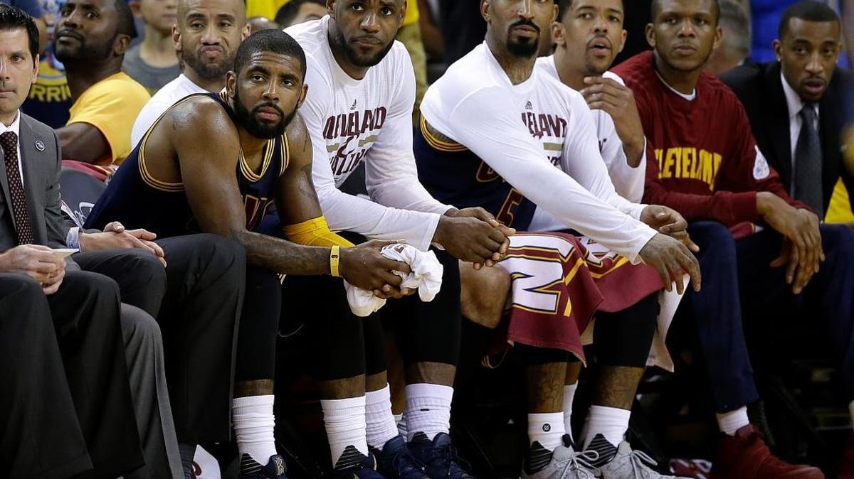 Despite Sunday's 110-77 blowout win over the Cavaliers, the Warriors expect much more resistance when the teams resume the NBA Finals in Cleveland on Wednesday. ... Kyrie Irving, second from left, LeBron James, J.R. Smith and their Cleveland teammates look on during Sunday’s NBA Finals loss to Golden State, Sunday, June 5, 2016 in Oakland.