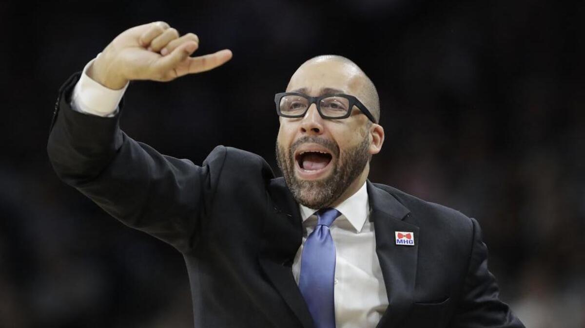 Memphis Grizzlies head coach David Fizdale signals to his players during the first half in Game 2 of a first-round NBA basketball playoff series against the San Antonio Spurs.