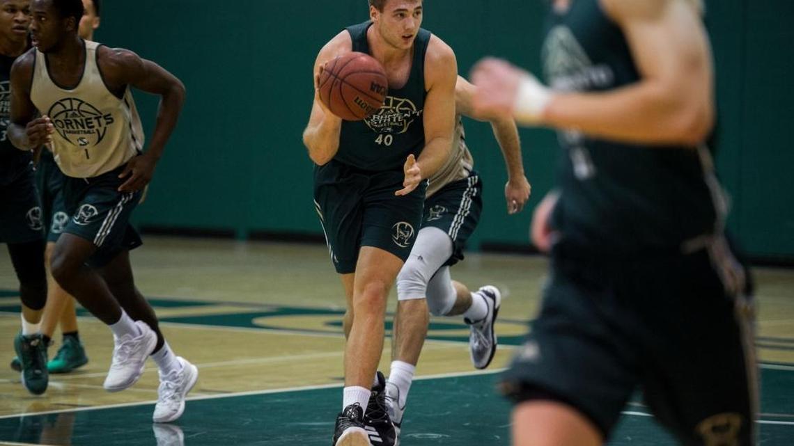 Sac State Hornets center Eric Stuteville (44) dribbles down court during practice at Sac State on Tuesday, Nov. 1, 2016, in Sacramento, Calif. Stuteville became the first Hornet to ever play in an NBA Summer League game on Sunday night.