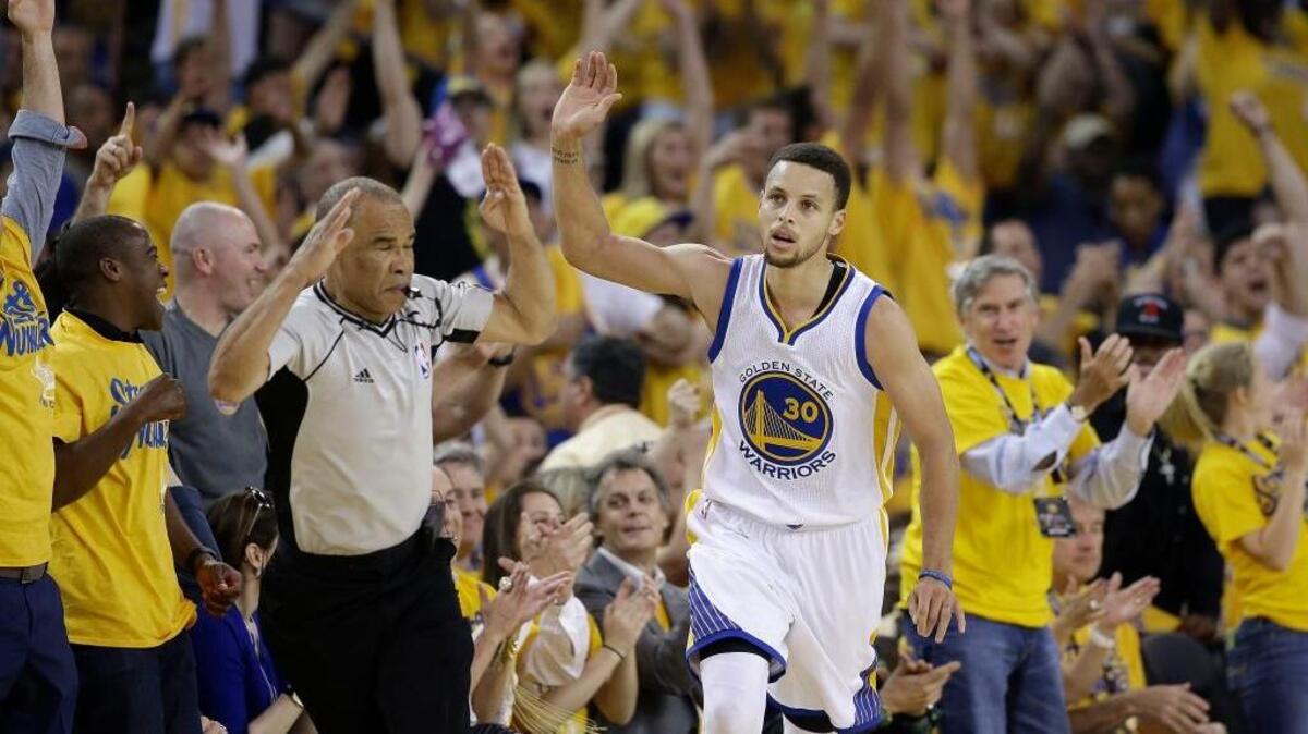 Golden State Warriors guard Stephen Curry (30) gestures after scoring against the Oklahoma City Thunder during Game 7 of the NBA basketball Western Conference finals, Monday, May 30, 2016 in Oakland.