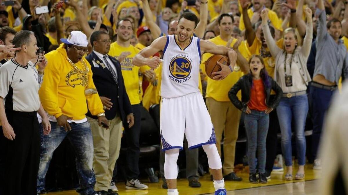 Golden State Warriors guard Stephen Curry (30) celebrates after Game 7 of the NBA basketball Western Conference finals against the Oklahoma City Thunder, Monday, May 30, 2016 in Oakland. The Warriors won 96-88 and will host Cleveland on Thursday in Game 1 of the NBA Finals, a repeat of last season’s pairings.