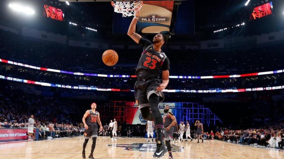 Western Conference forward Anthony Davis of the New Orleans Pelicans dunks during the first half of the NBA All-Star basketball game in New Orleans on Sunday, Feb. 19, 2017.