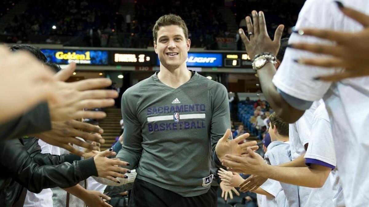 Sacramento Kings guard Jimmer Fredette is introduced before the game against the Miami Heat on Friday, Dec. 27, 2013, at Sleep Train Arena in Sacramento, Calif.