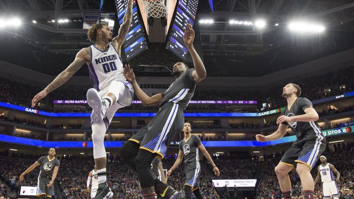 Sacramento Kings center Willie Cauley-Stein follows thru on a basket against the Golden State Warriors in a February game.