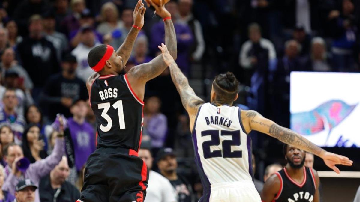 Toronto Raptors forward Terrence Ross hits a 3-point shot at the buzzer against the Sacramento Kings that was later waved off by the officials Sunday, Nov. 20, 2016, at Golden 1 Center in Sacramento, Calif. The shot would have sent the game into overtime. The Kings won 102-99.