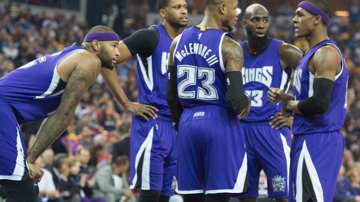 Kings guard Rajon Rondo (9) talks with teammates during a break against the Los Angeles Lakers on Thursday, Jan. 7, 2016 at Sleep Train Arena in Sacramento.
