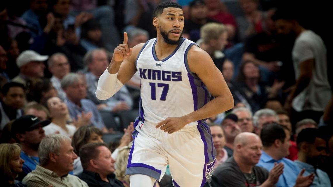 Sacramento Kings guard Garrett Temple (17) celebrates three point basket against the Orlando Magic during their game at Golden 1 Center in Sacramento on Monday, March 13, 2017. Temple helped unveil the Kings new uniforms on the team’s app on Tuesday.