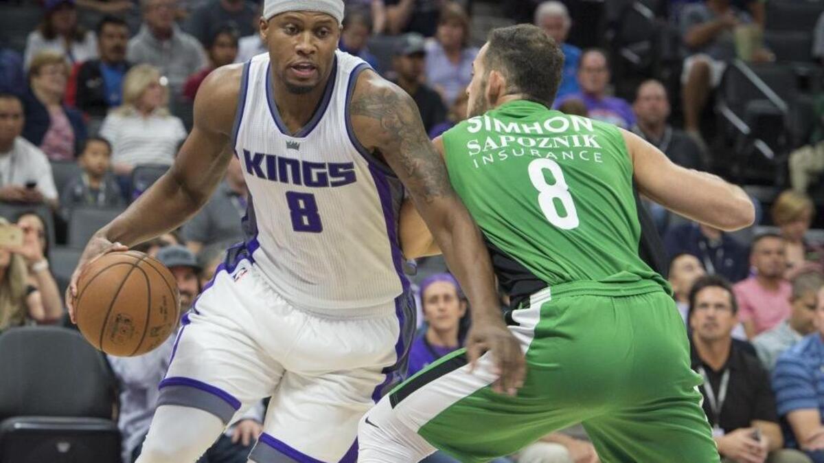 Sacramento Kings forward Rudy Gay drives to the basket against Amit Simhon of Maccabi Haifa during their exhibition game at Golden 1 Center on Monday, Oct. 10, 2016.