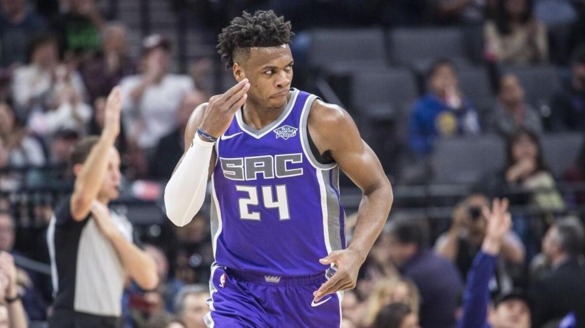 Kings guard Buddy Hield celebrates a 3-pointer against the Denver Nuggets on Jan. 6 at Golden 1 Center. A social media drive is on to help Hield compete in the JBL Three-Point Contest during All-Star Weekend.