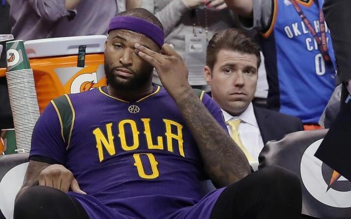 New Orleans Pelicans forward DeMarcus Cousins (0) reacts after fouling out of the game against the Oklahoma City Thunder in the second half of an NBA basketball game in Oklahoma City, Sunday, Feb. 26, 2017. Oklahoma City won 118-110.