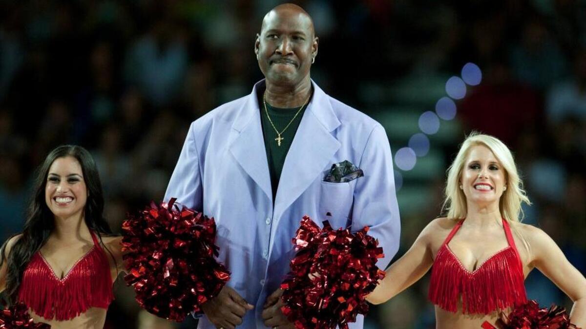 Former Philadelphia 76ers star Darryl Dawkins receives a tribute before an NBA Global basketball game in Bilbao, Spain. Dawkins, who died in 2015, was known as “Chocolate Thunder” for his powerful dunks that left some glass backboards in shards.