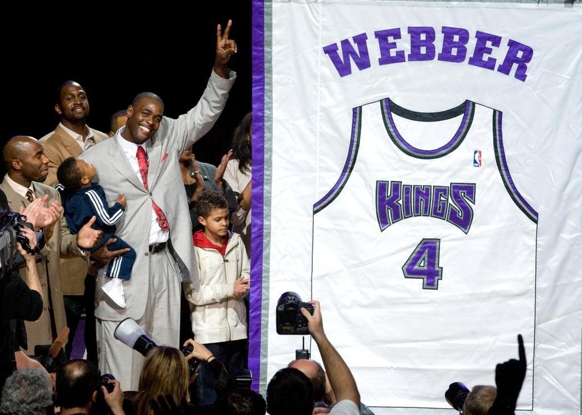 Former Sacramento Kings star Chris Webber has his jersey number retired by the franchise on Feb. 6, 2009, at Arco Arena in Sacramento.