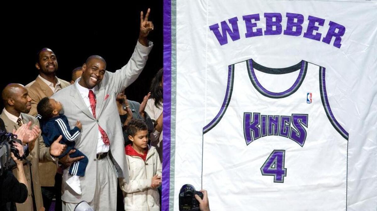 Former Sacramento Kings star Chris Webber has his jersey number retired by the franchise on Feb. 6, 2009, at Arco Arena in Sacramento.