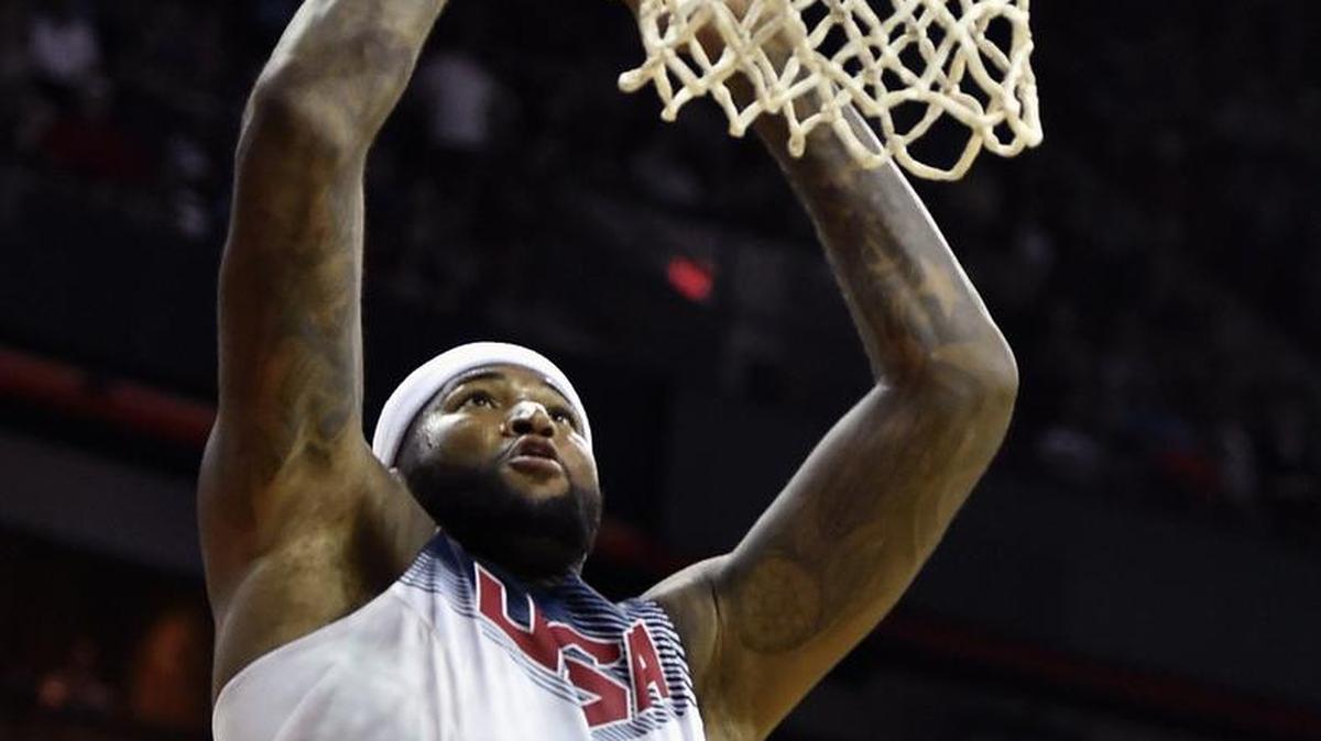 
DeMarcus Cousins goes up for a dunk during a U.S. men's basketball team intrasquad game Thursday, Aug. 13, 2015, in Las Vegas.
