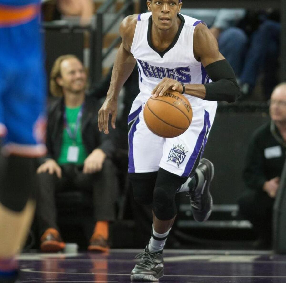 Kings guard Rajon Rondo (9) drives downcourt against the New York Knicks at Sleep Train Arena in Sacramento on Thursday, Dec. 10, 2015.