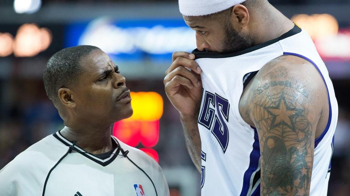Sacramento Kings center DeMarcus Cousins may not play in a postseason game this season, but he’s nearing a rare statistical milestone. ... Cousins talks with referee Leroy Richardson during an NBA basketball game against the Oklahoma City Thunder on Monday, Feb. 29, 2016 at Sleep Train Arena in Sacramento.