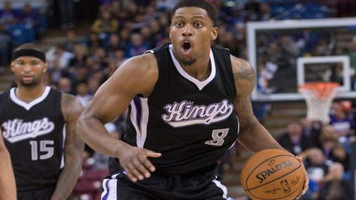 
Kings forward Rudy Gay dribbles while teammate DeMarcus Cousins looks on during the game between the Sacramento Kings and the Portland Trail Blazers at Sleep Train Arena in Sacramento on Friday, October 31, 2014.
