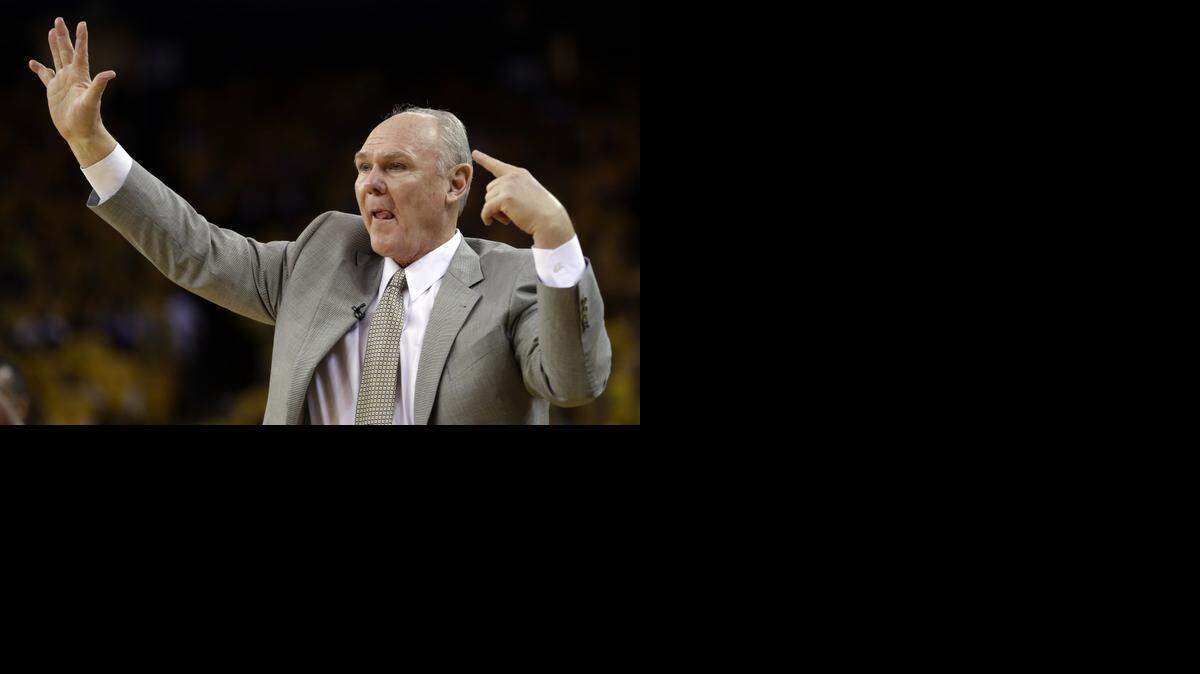 
Denver Nuggets coach George Karl gestures from the sidelines during the second half of Game 3 in a first-round NBA basketball playoff series against the Golden State Warriors on Friday, April 26, 2013, in Oakland.
