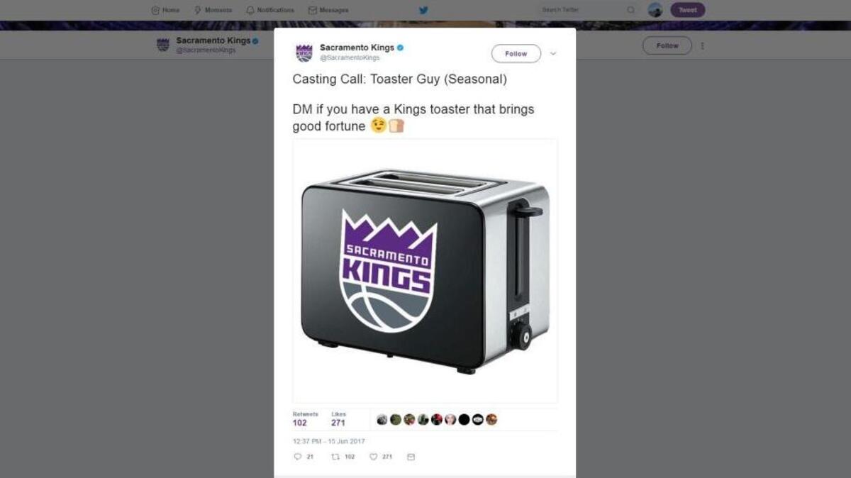 A screenshot of the Kings’ tweet asking for a lucky toaster.