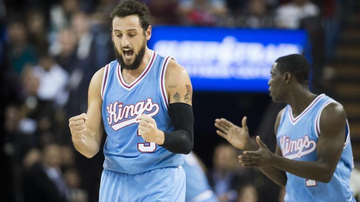 After hitting a three-point basket Kings guard Marco Belinelli (3) celebrates a turnover on Minnesota with teammate Darren Collison (7) at Sleep Train Arena in Sacramento on Friday, Nov. 27, 2015. The Kings touted their improved depth as being key to withstanding injuries, but replacing DeMarcus Cousins’ 27.9 points and 11.2 rebounds per game and his impact on defense is difficult.