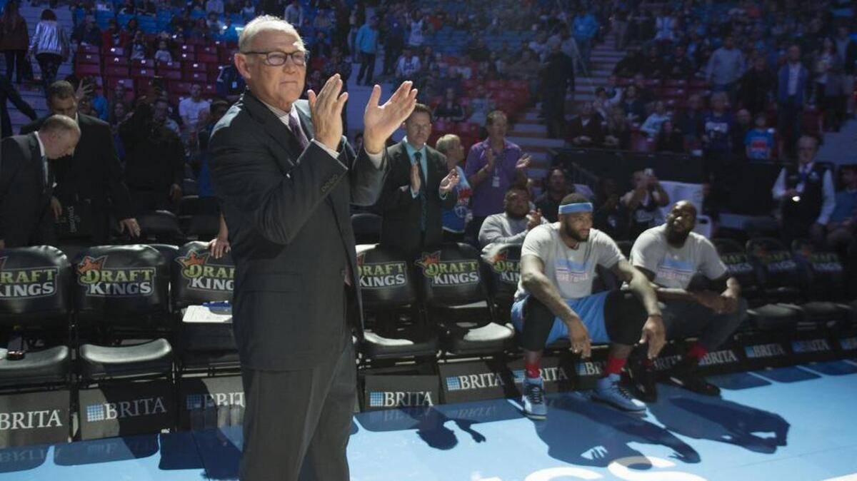 Kings head coach George Karl during pre game intros Sacramento Kings against the Denver Nuggets on Friday, Feb. 19, 2016 at Sleep Train Arena in Sacramento.