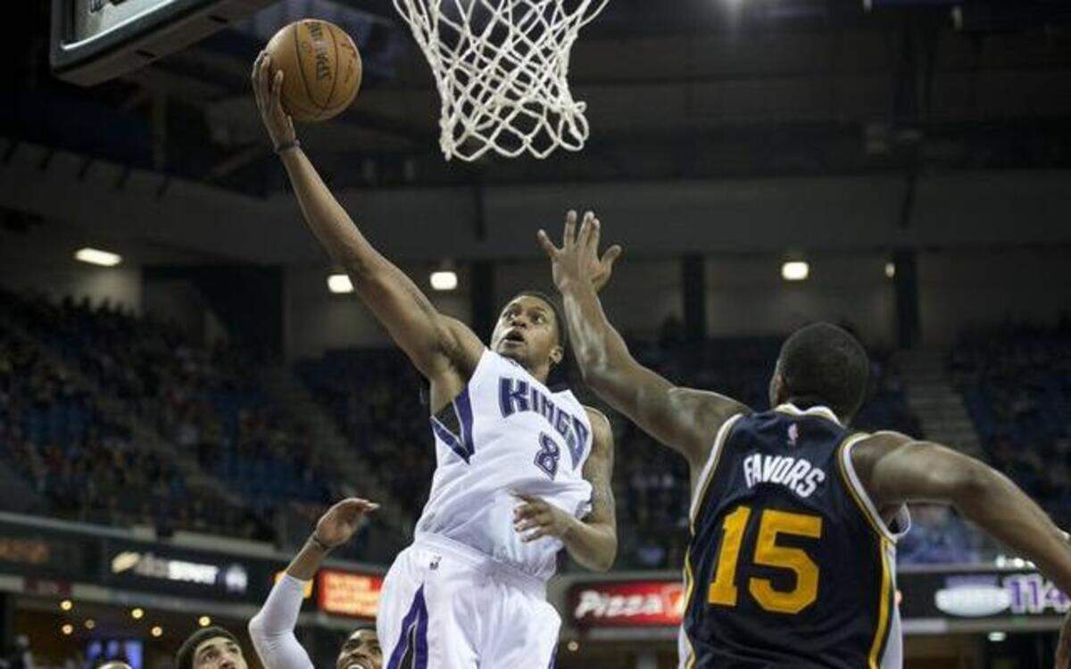 
Forward Rudy Gay (8), scoring against the Utah Jazz on Monday night, will lead the Sacramento Kings into Los Angeles on Tuesday night to play the Lakers. The action can be followed on our live blog beginning at 6:30 p.m..
