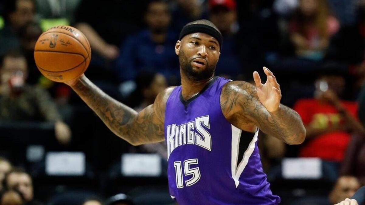 Kings forward DeMarcus Cousins grabs one of his 12 rebounds Wednesday, Nov. 18, 2015, in Atlanta. The Kings fell 103-97 to the Hawks.