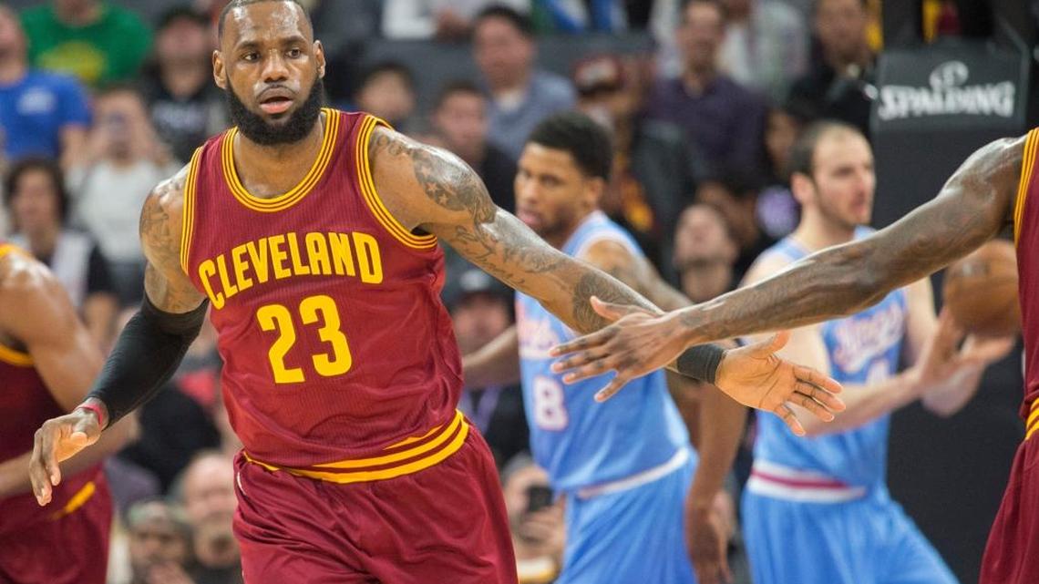 Cleveland Cavaliers forward LeBron James (23) celebrates a basket against the Kings during Friday night’s game at Golden 1 Center.