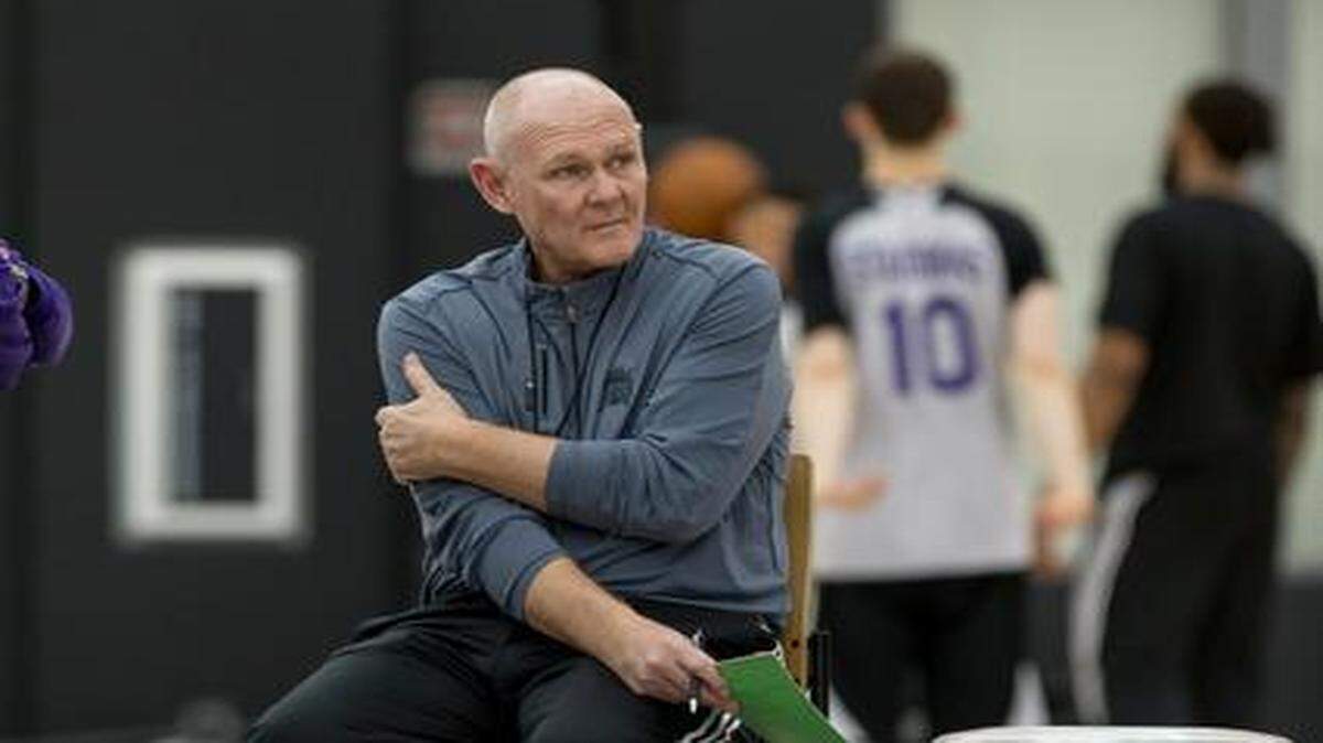 New Kings coach George Karl watches players during a shootaround Wednesday at the team’s training facility as they get ready to host the Boston Celtics on Friday.