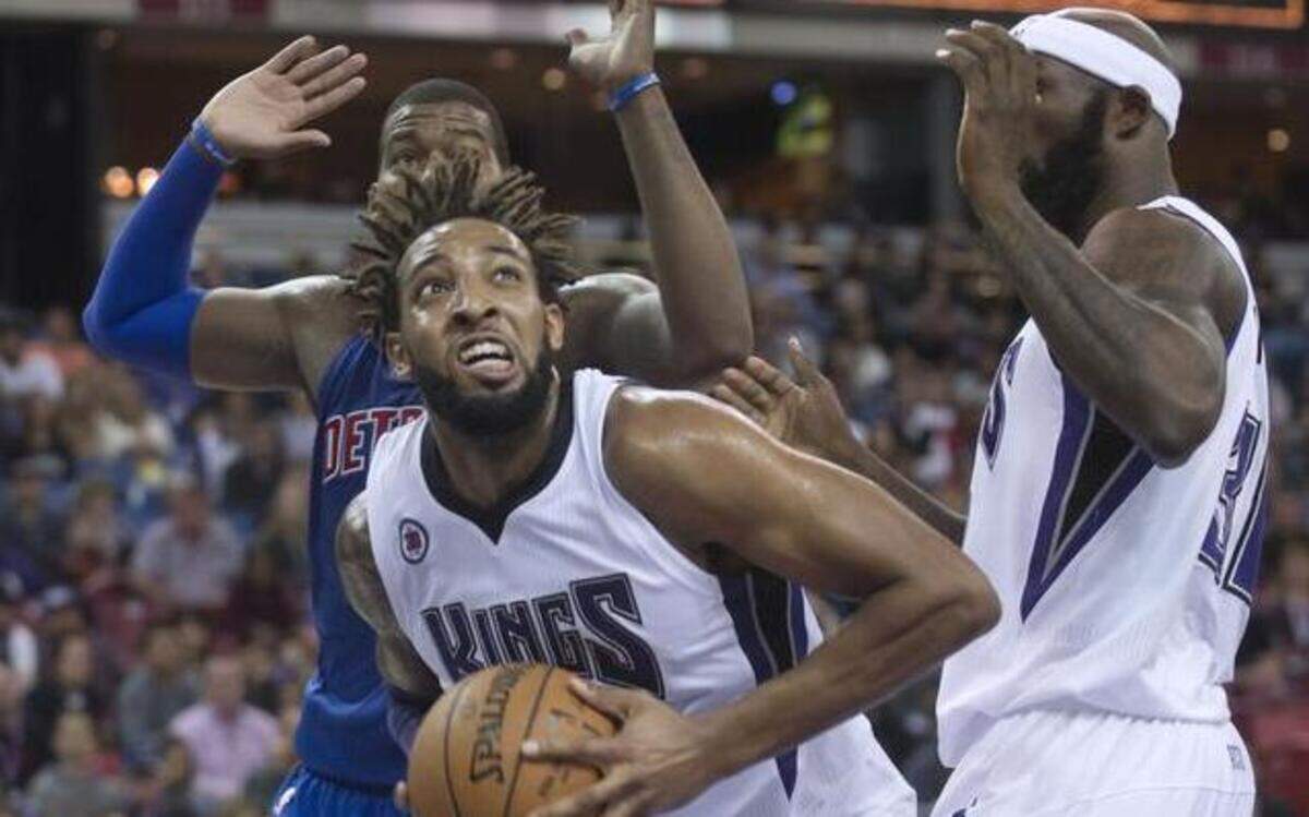 
Forward Derrick Williams (13), battling to rebound against the Detroit Pistons on Saturday, will be back in action as his Sacramento Kings play the Oklahoma City Thunder on Tuesday night at Sleep Train Arena.
