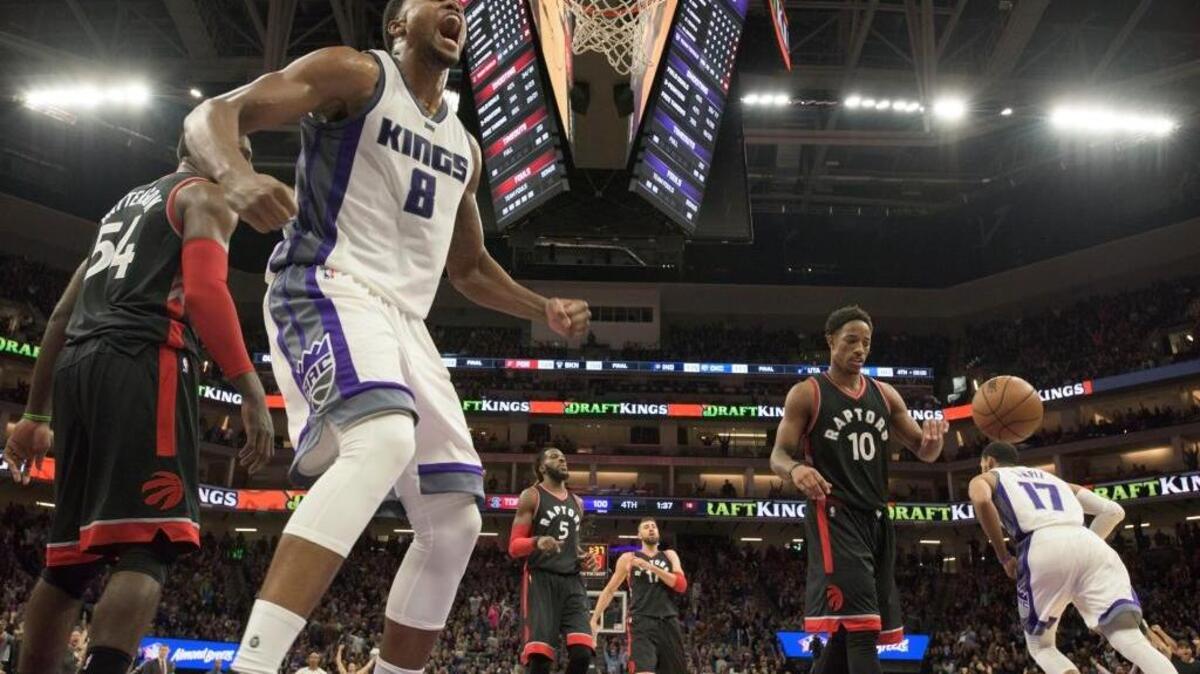 Sacramento Kings forward Rudy Gay (8) celebrates a dunk against the Toronto Raptors during their game at Golden 1 Center in Sacramento, Calif., on Sunday, November 20, 2016.