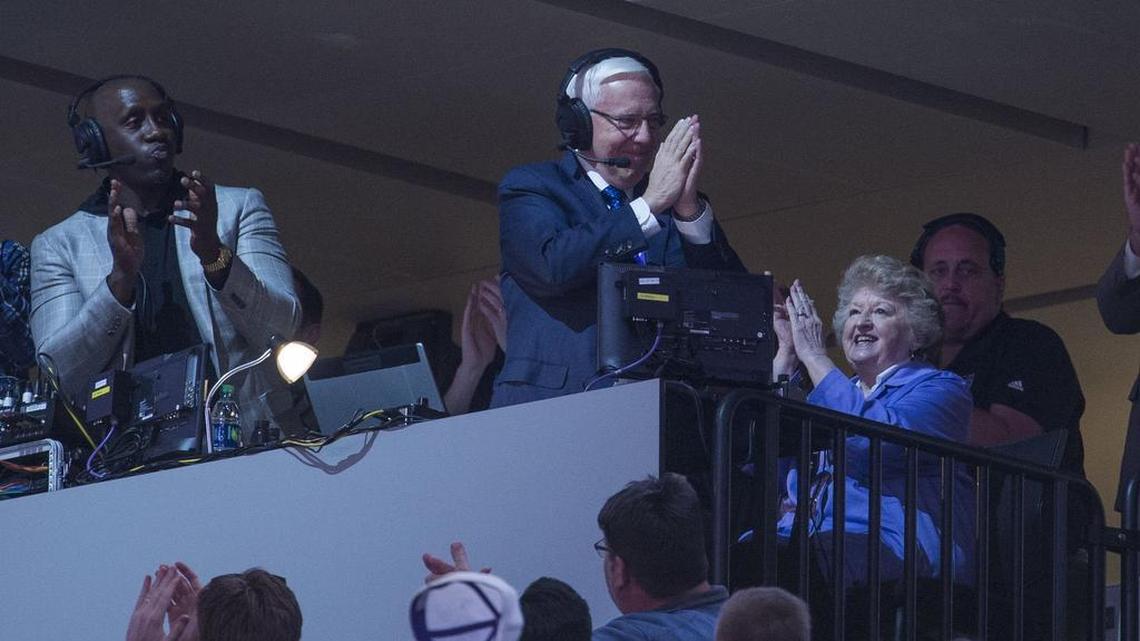 Sacramento Kings radio announcer Gary Gerould is honored during the game against the Utah Jazz as he announces his 2,500th Kings contest at Golden 1 Center in Sacramento, California, on Sunday, March 5, 2017.