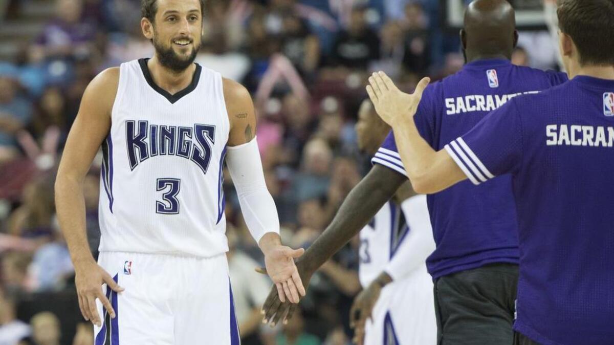 Kings forward Marco Belinelli (3) walks to the bench during the Kings preseason game against the San Antonio Spurs on Oct. 8 at Sleep Train Arena in Sacramento.
