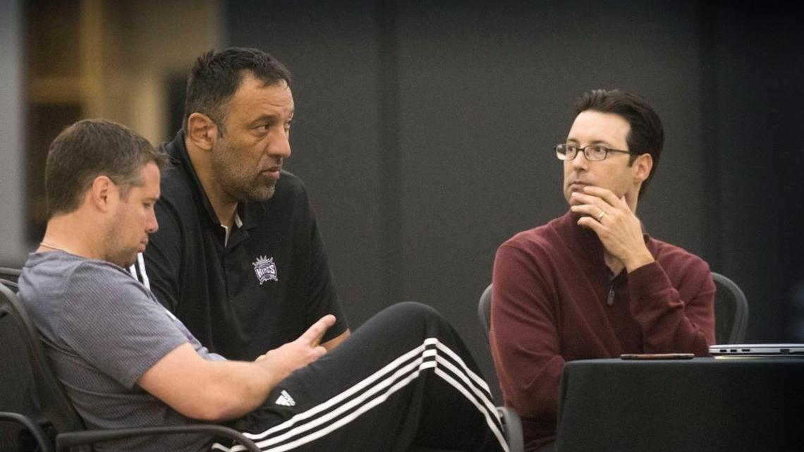 The Kings’ brass – including general manager Vlade Divac, center, assistant GM Ken Catanella, right, and coach Dave Joerger – have another hole to fill in the front office with the departure of Roland Beech, not pictured.