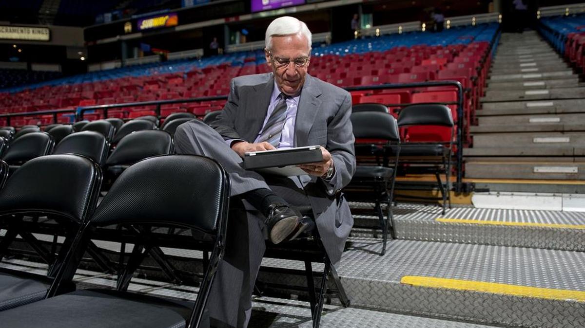 Gary Gerould, preparing to call a Sacramento Kings game at Sleep Train Arena in 2013, will work his 2,500th broadcast for the team Sunday, March 5, 2017, when the Utah Jazz visit Golden 1 Center in Sacramento, Calif.